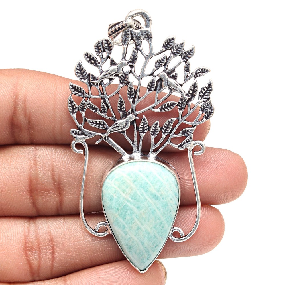 Amazonite Gemstone Pendant Handmade Antique Silver Jewelry Gift for Her 3 Inch