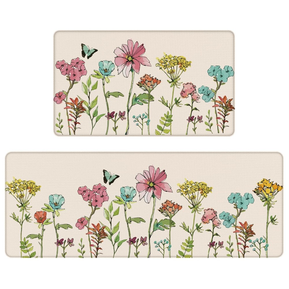 Colorful Flower Butterfly Kitchen Mats 2 Piece for Floor, Multi Colored Flora...