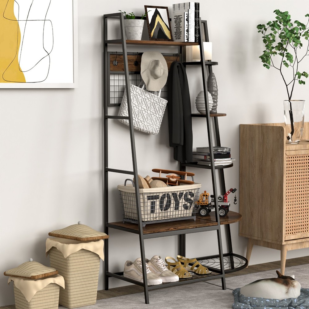 5-Tiers Ladder Storage Shelves, Freestanding Closet Organizer Clothes Rack