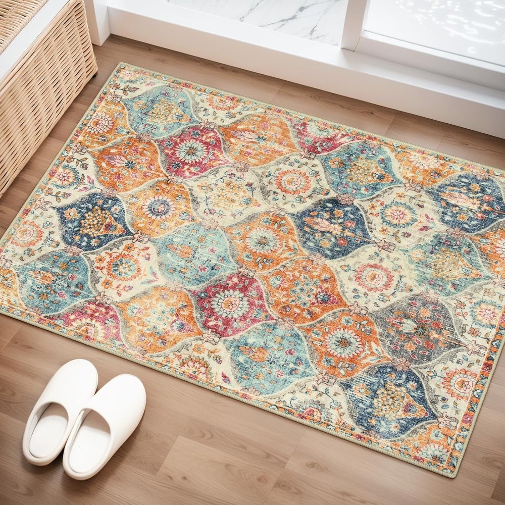 Washable Rug, 2x3 Kitchen Rug, Slim Non-Slip Indoor Doormat, Beige/Multicolor