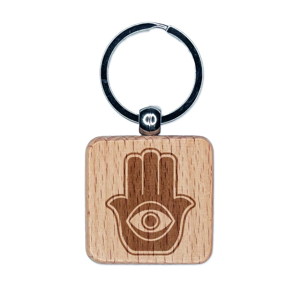 Hamsa Evil Eye Hand Ward Protection Symbol Charm Engraved Wood Square Keychain