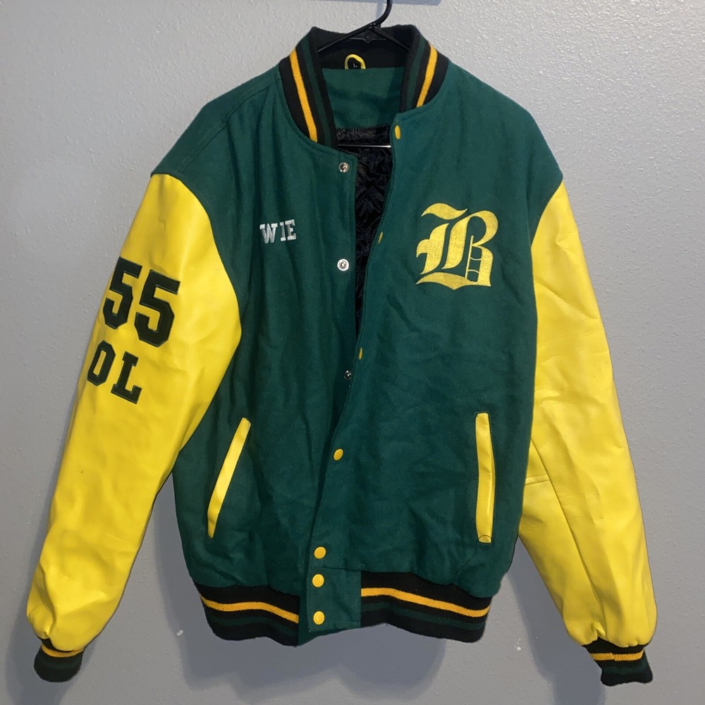 VTG Large Yellow Green Bay Packers Varsity Button Sports Jacket Bowie Style