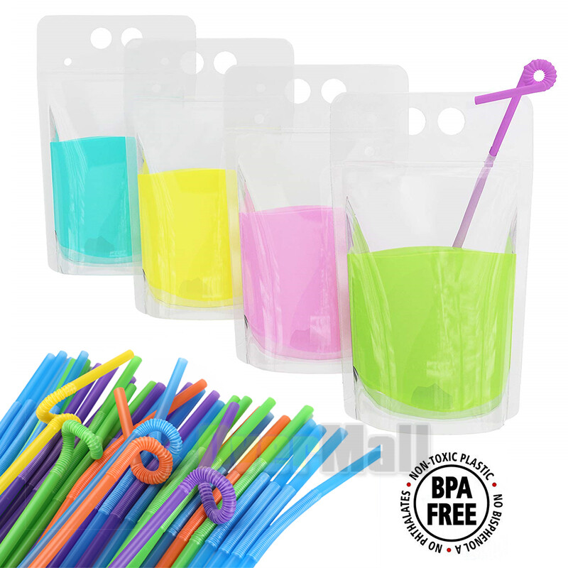 50-Pack Premium Plastic Smoothie Straw & Juice Pouch Bundle