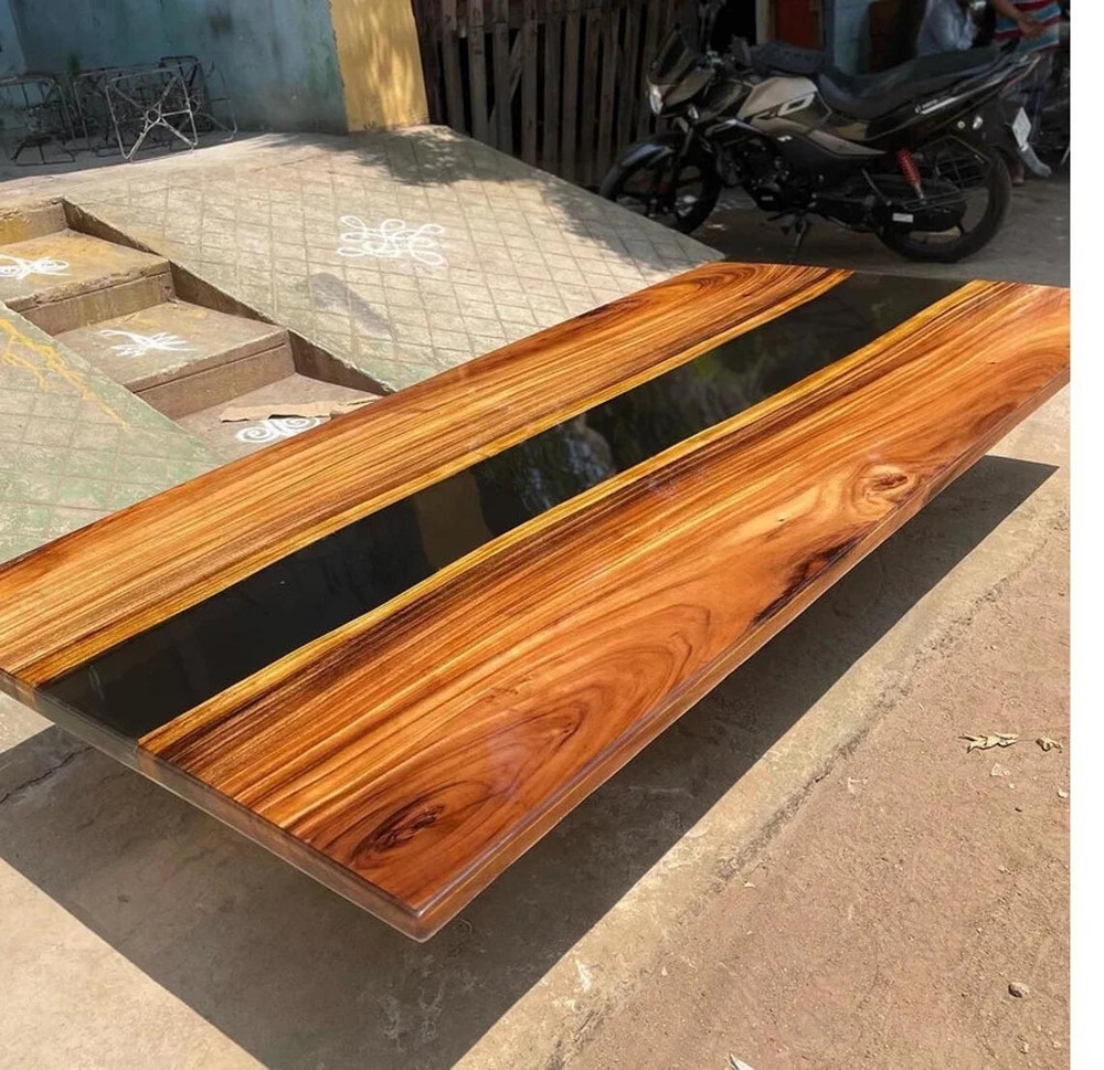 Black Resin River Epoxy Table Top for Modern Office or Home Decor  