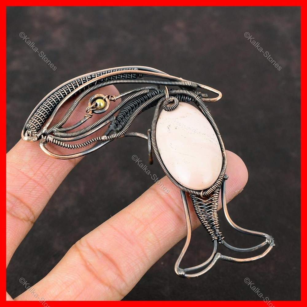 Mothers day Deal Copper Oval Natural Pink Opal Wire Wrapped Fish Pendant Jewelry-image