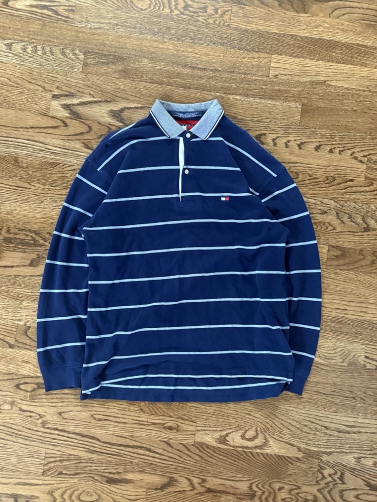 Vintage Tommy Hilfiger Striped Rugby Polo Shirt Mens M Navy Blue Long Sleeve 90s