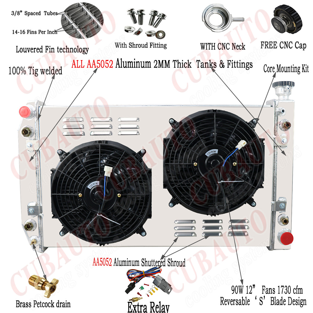 4 Row Radiator Shroud Fan For CHEVY C/K 1500 2500 3500 5.0L 5.7L V8 1988-1999 98