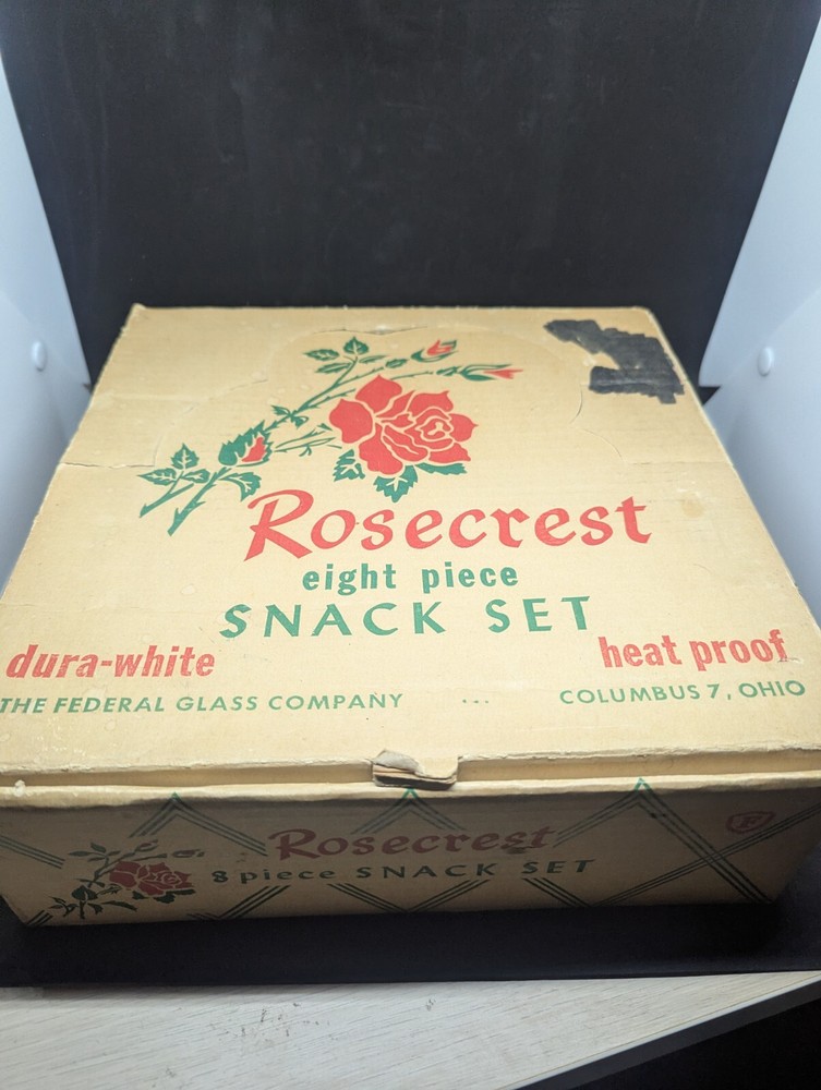 Vintage Federal Glass Rosecrest 8 Piece Snack Set in Original Packaging
