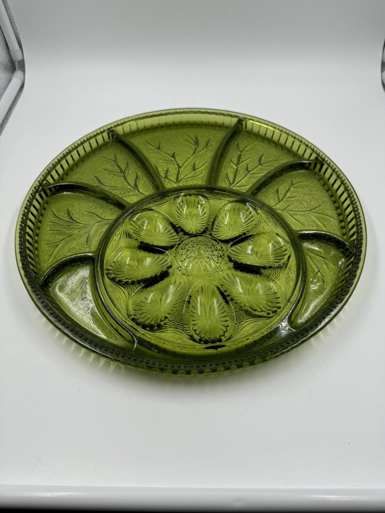 Vintage Indiana Glass Green Deviled Egg  Relish 13