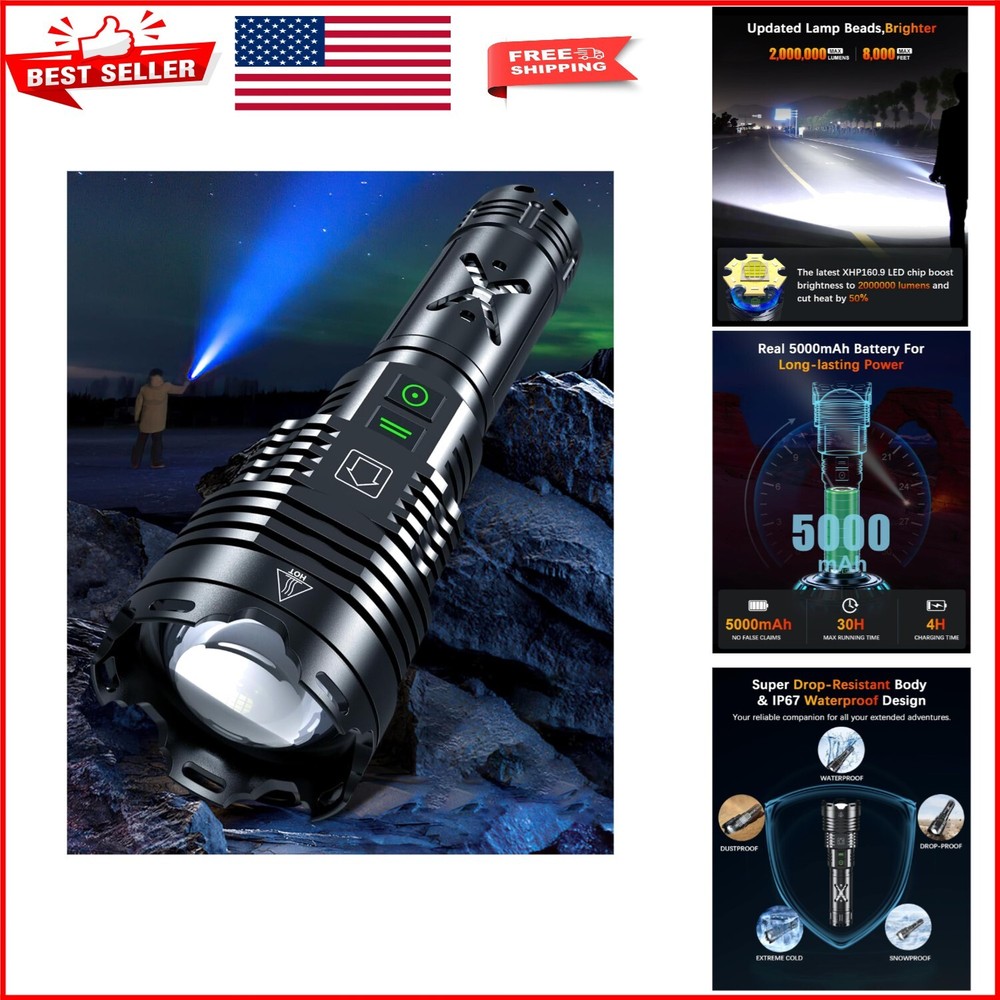 Super Bright 2000000 Lumens LED Flashlight with Fast Charge, Zoom & Shockproof