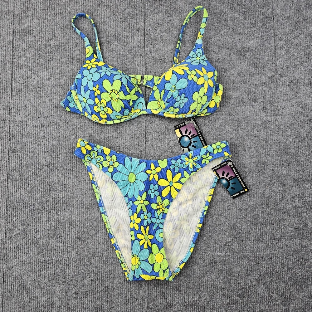 Y2K No Boundaries Bikini Swimsuit Womens Large Blue Floral Daisy Two Piece Retro