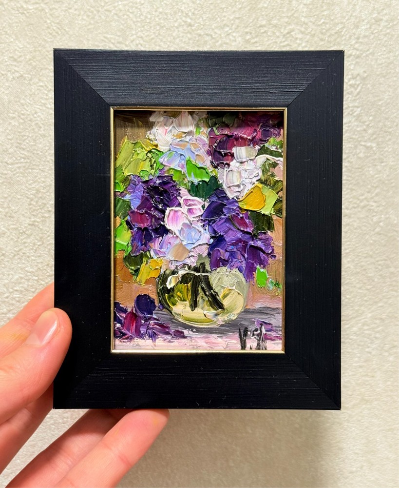 Framed ACEO Original Oil Painting Lilac Flowers Vase Art Impasto Signed