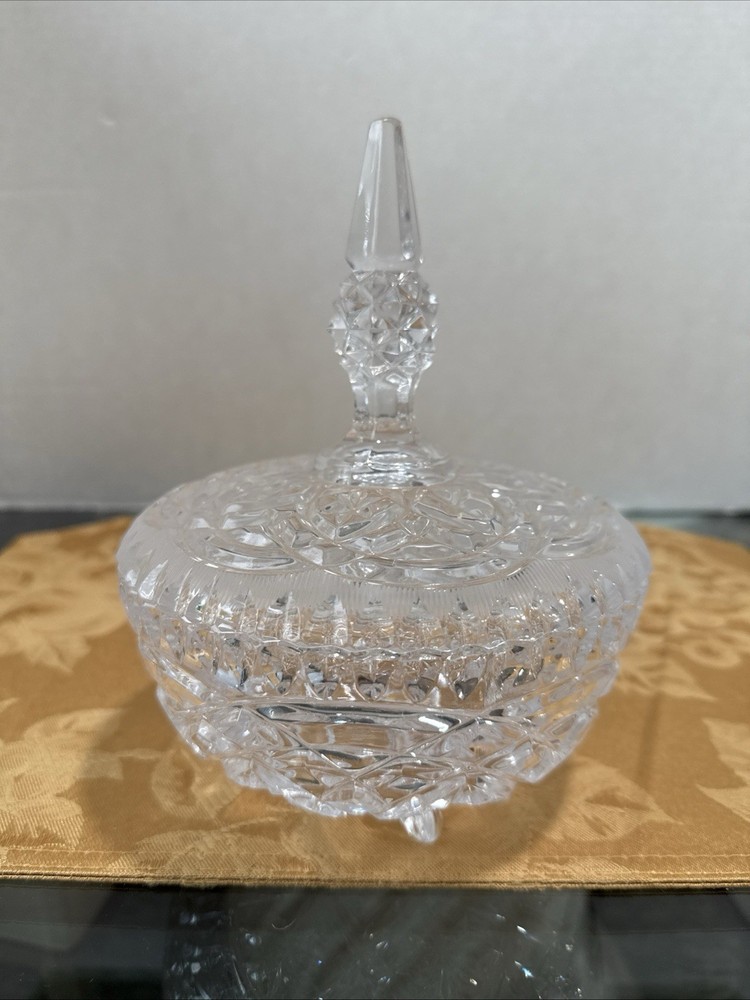 Vintage Cut Glass Footed Candy Dish Ornate Crystal Nut Bowl  