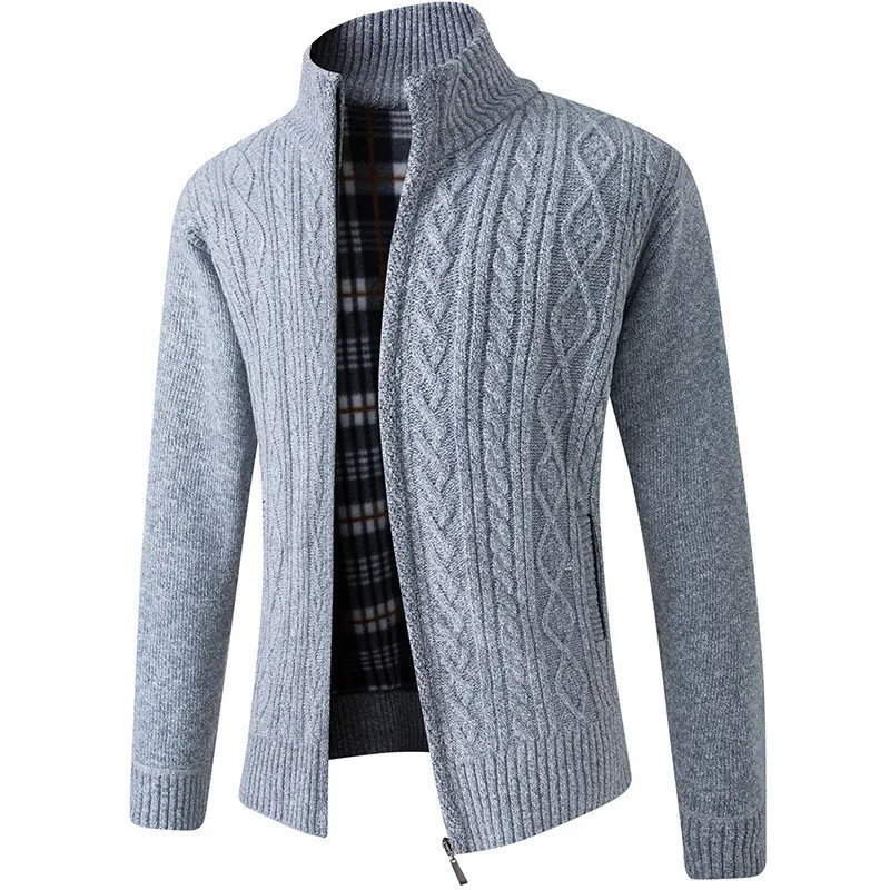 Men's Fleece Lined Thickened Knitted Cardigan Coat Stand Collar Sweater Outerwea