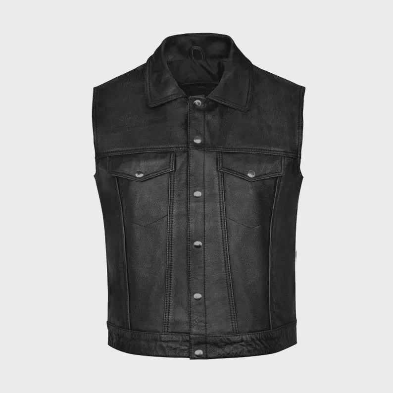 Men’s Genuine Cowhide Leather Vest Black Distressed Biker Motorcycle Waistcoat