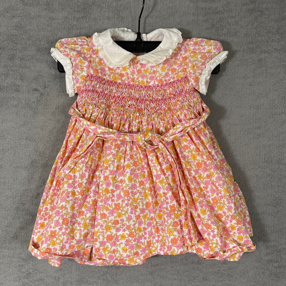 Ralph Lauren Dress Baby 12M Pink Floral Ruffle Short Sleeve Peter Pan Collar