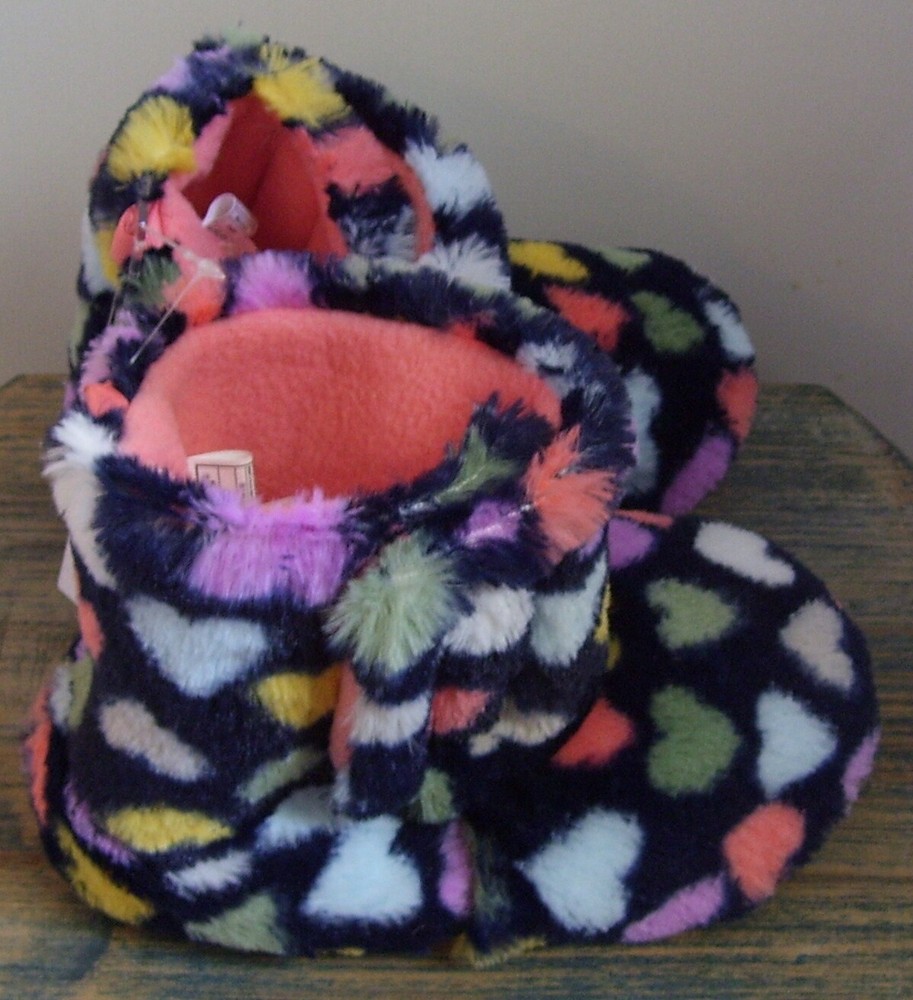 Toddler Little Girls Carter's JETTA Blue Heart Fur Slippers Sz 5-6 or 11-12