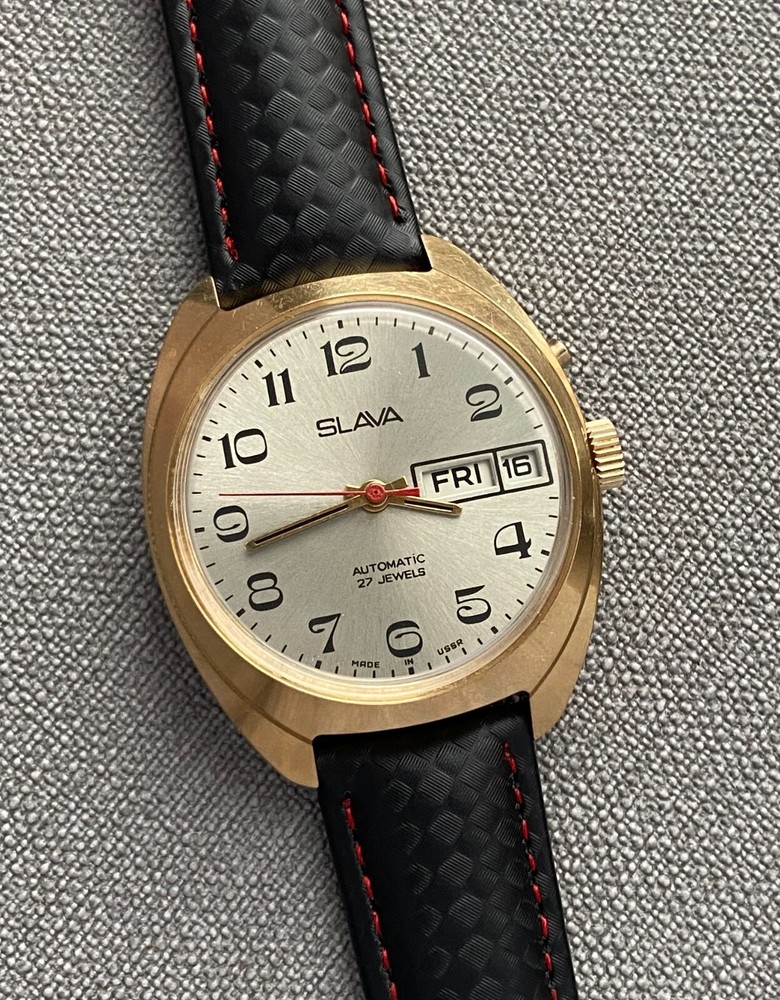 Vintage Slava Automatic Gold Plated Soviet Men's Wristwatch 1980s