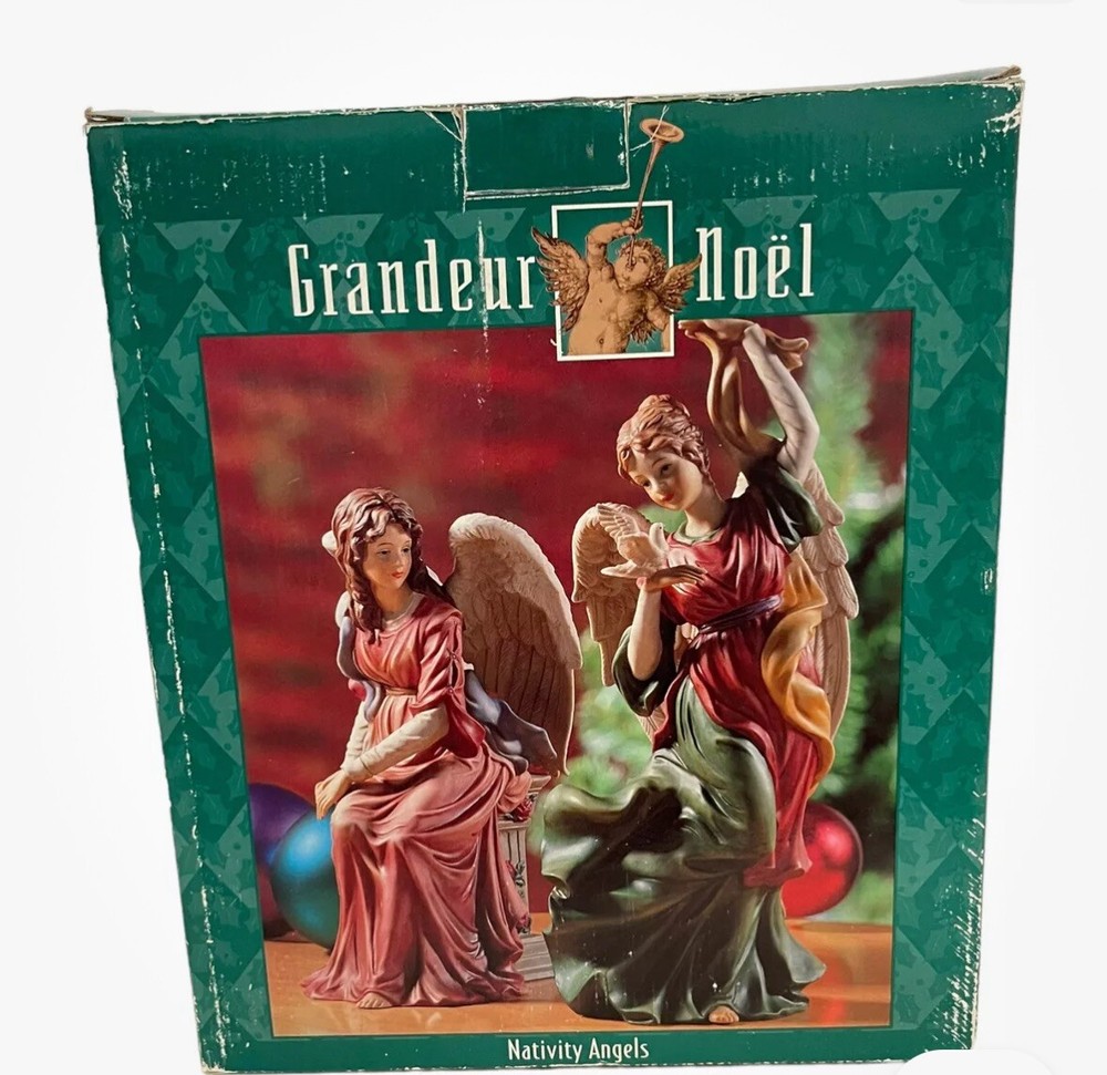 Grandeur Noel Nativity Angels Set (2) Angels Original Box Hand Painted Figurines