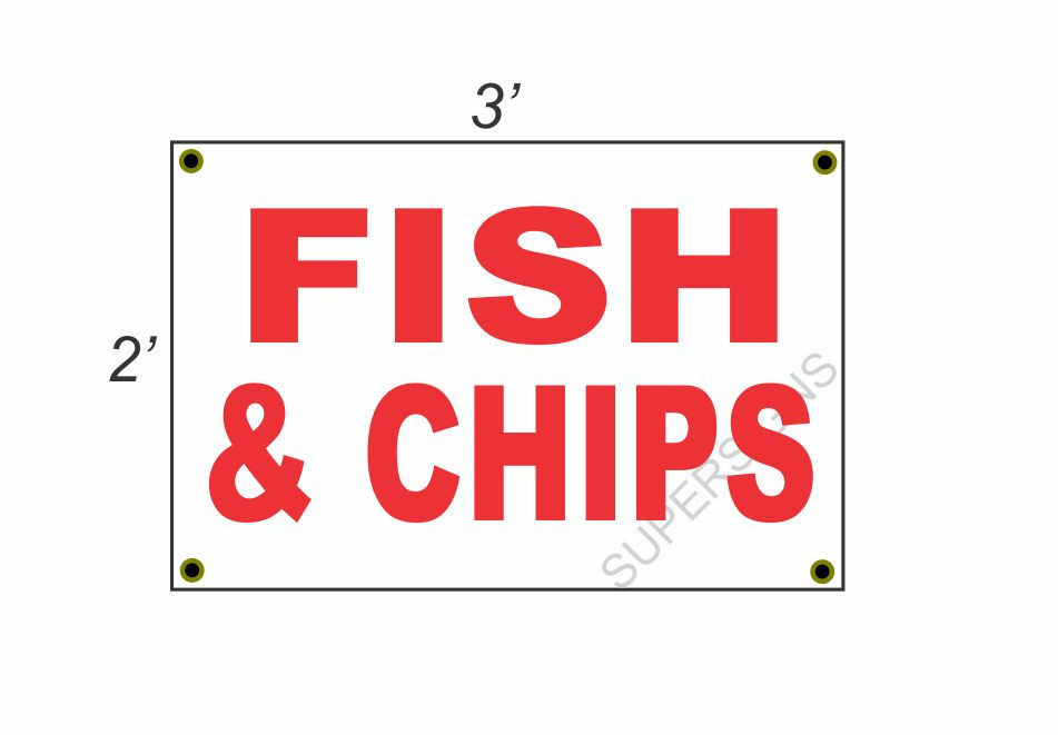 2x3 Fish & Chips Red and White Banner Sign – Brand New, Discounted Size & Price with FREE Shipping Included!