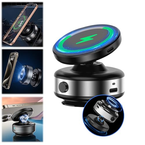360° Adjustable 15W Wireless Fast Charging Magnetic Phone Mount with Vacuum Suction