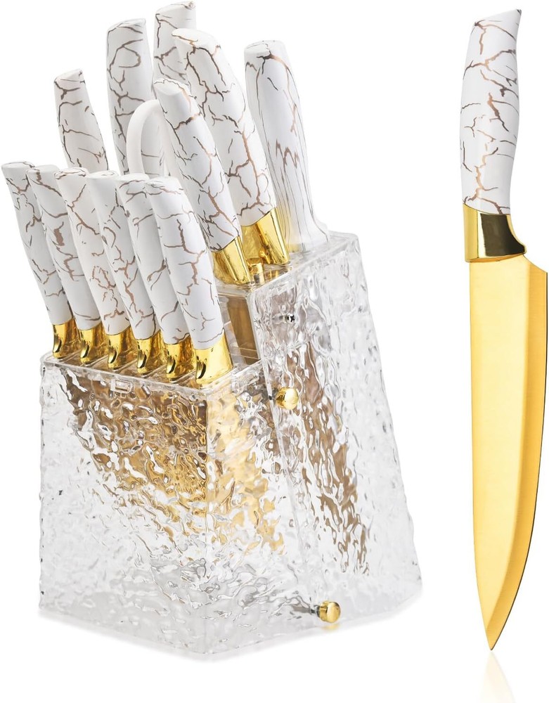 Chef K Non-Stick Kitchen Knife Set with Block and Serrated Steak Knife