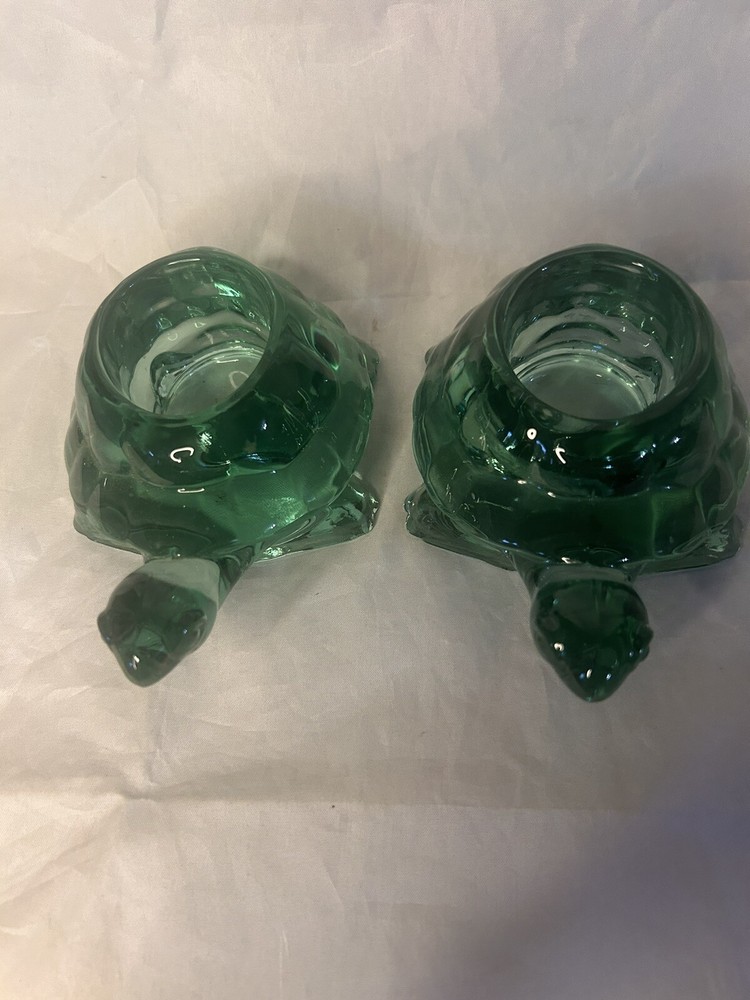 Turtle Indian Glass Votive Candle Holder Set of 2 Spanish Green No Cracks