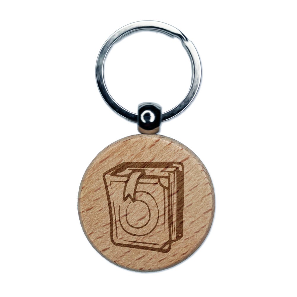 Book Tome with Bookmark Engraved Wood Round Keychain Tag Charm