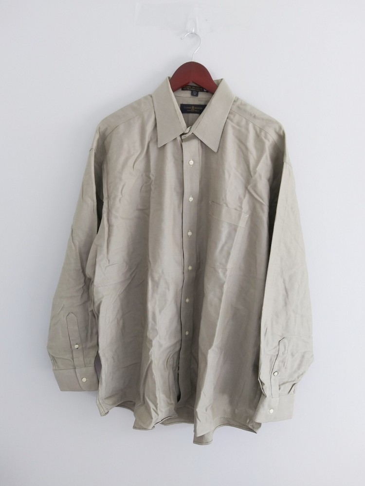 Tommy Hilfiger Beige Pin Striped Dress Shirt 17.5 35 Traveler Lifetime Collar