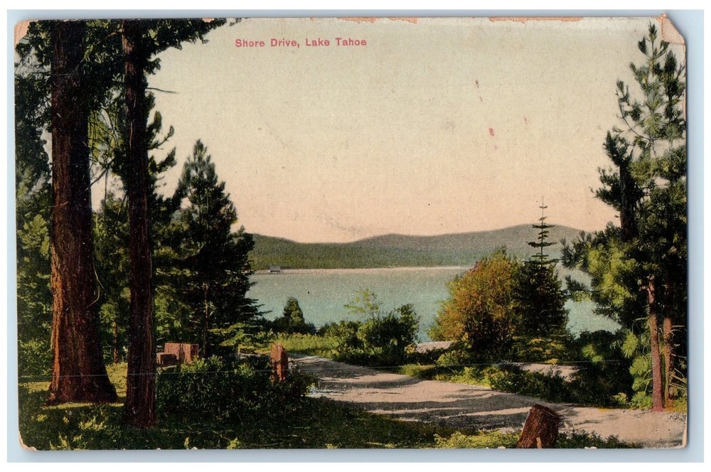 c1950's Shore Drive Mountains Groves Road View Lake Tahoe California CA Postcard