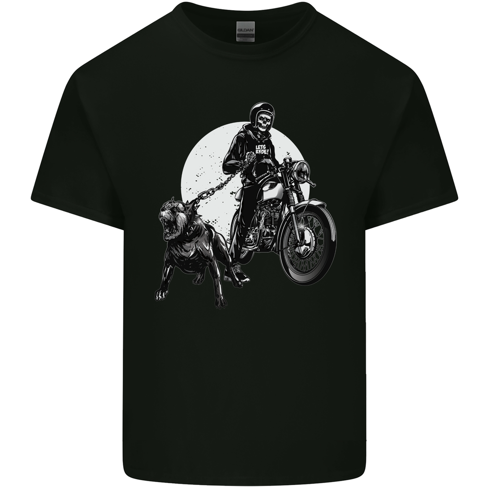 Skull Biker With Staffy Dog Motorbike Motorcycle Mens Cotton T-Shirt Tee Top