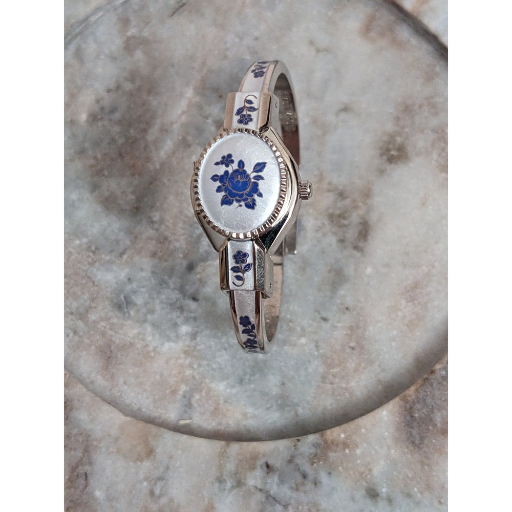 Vintage Andre Mouche Silver Tone Peekaboo Watch Frosty Silver Enamel Blue Flower