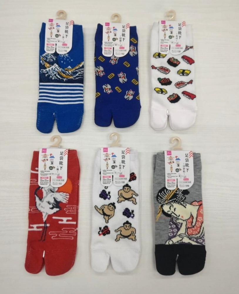 6 set Japanese Tabi Socks For Woman Ukiyoe Tsuru Neko Sushi Sumo Socks Unused
