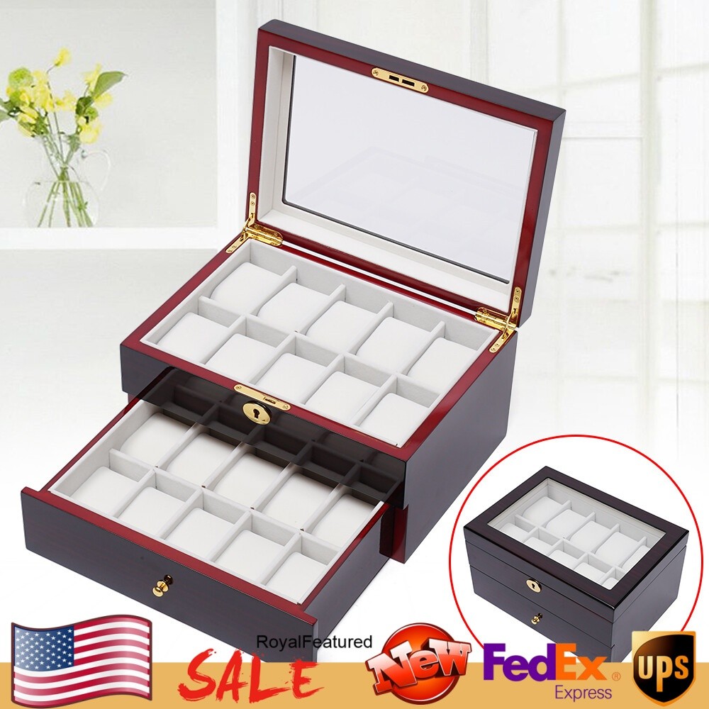 20-Slot Wooden Watch Box with Glass Top, Lock & Jewelry Storage Organizer