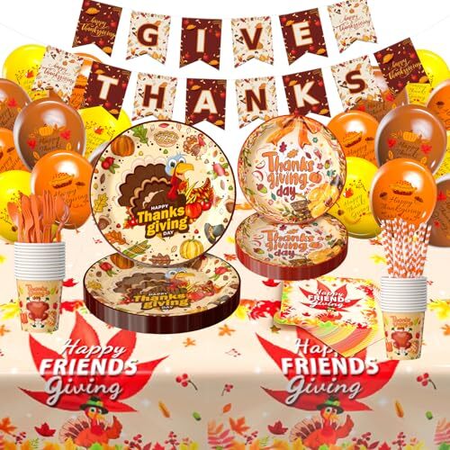 212-Piece Thanksgiving Party Kit with Plates, Napkins, Tablecloth, and Cups