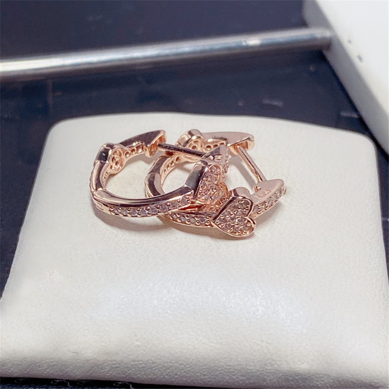 New Authentic 925 Sterling Silver Rose Heart Hoop CZ Earrings