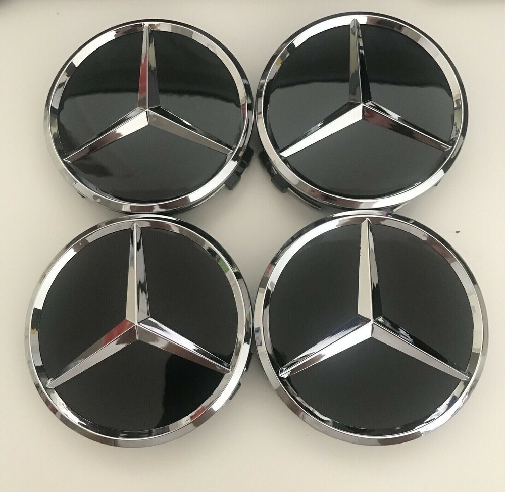4X Hub Cover 75mm GLOSSY BLACK for Mercedes Logo Wheel Center Rim