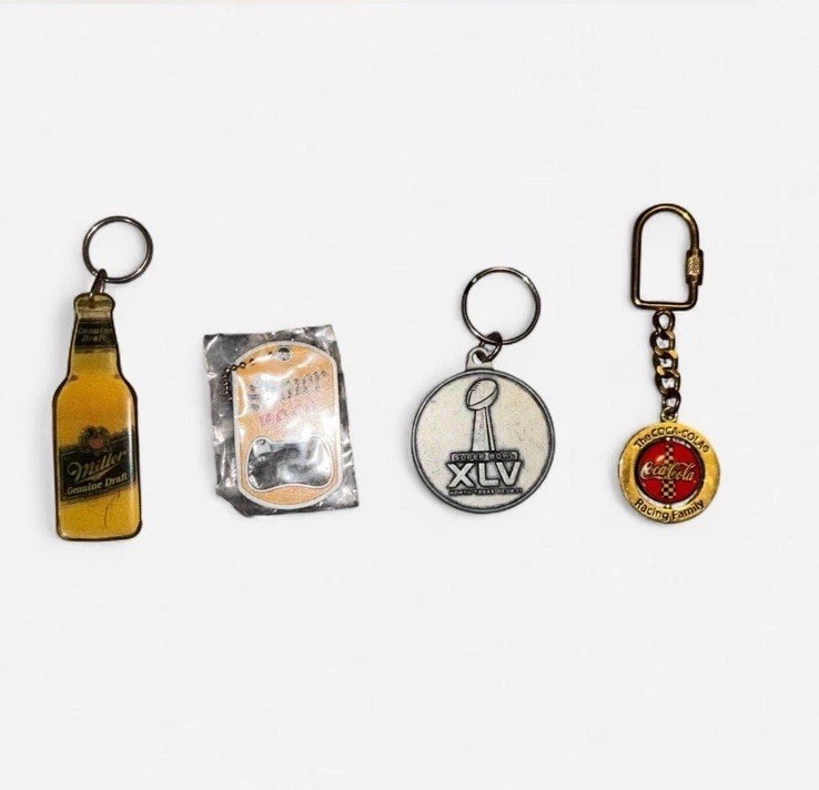 4 Vintage Beer & Coke Keychains - Miller Lite, Shiner Bock, Coors NFL, Coca-Cola
