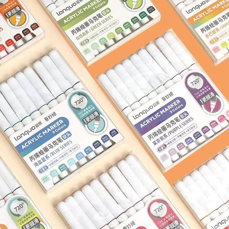 9 Colors Water Based Acrylic Paint Markers, Brush Felt Tip Acrylic Paint Pens