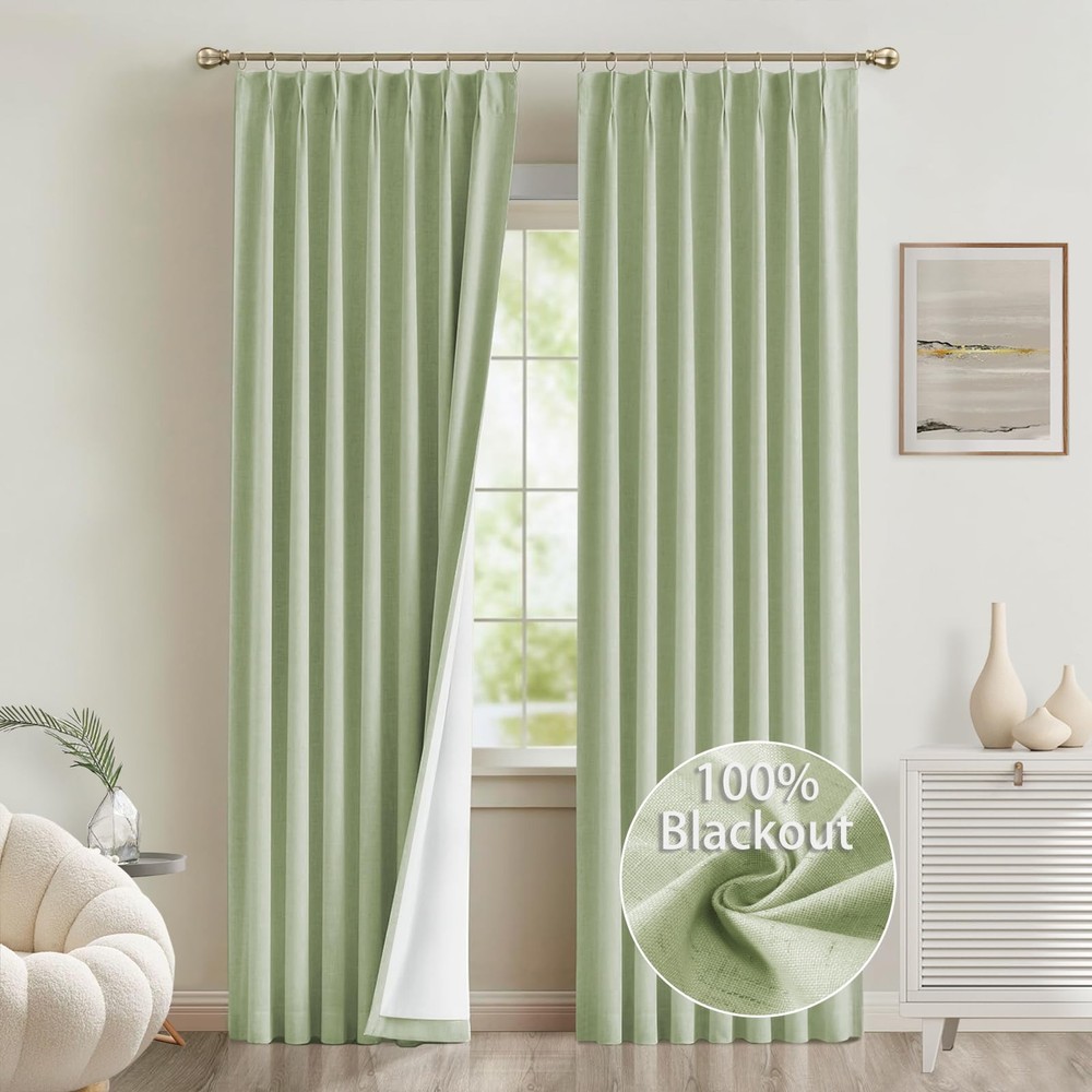 Green Linen Pinch Pleated Curtains 84 Inch Length 2 Panels 100% Blackout Line...