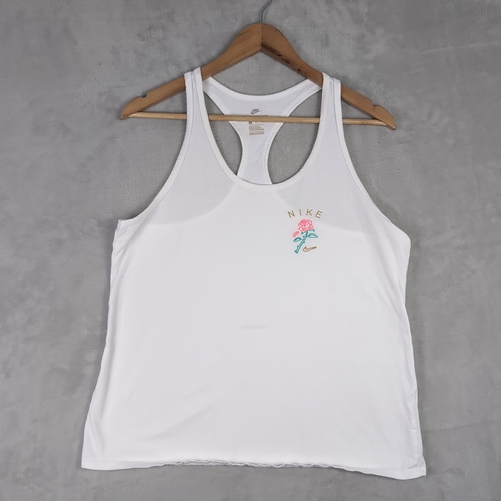 The Nike Tee Large Women's White Tank Top Rose Design