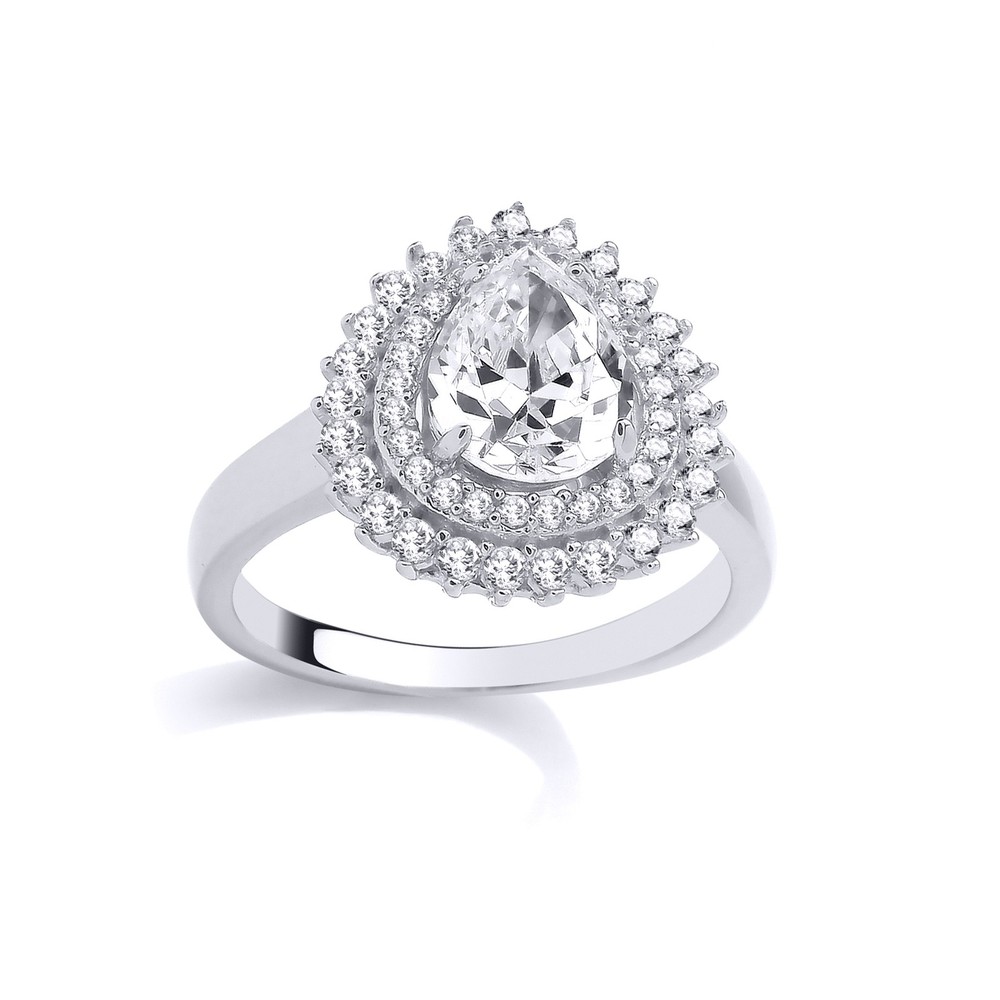 Silver Jewelco London Pear CZ Halo Solitaire Ring with Double Teardrop Cluster
