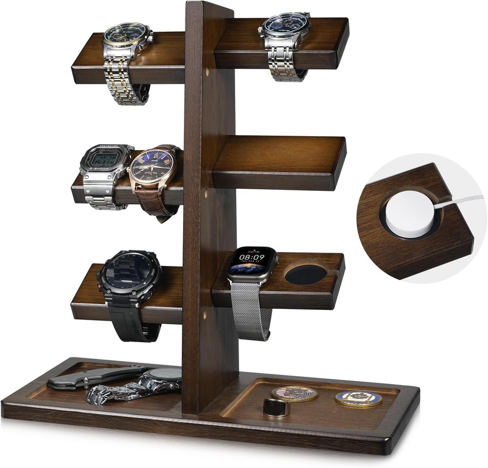 Watch Holder Stand with Charging Station Wooden Watch Display Tower Jewelry