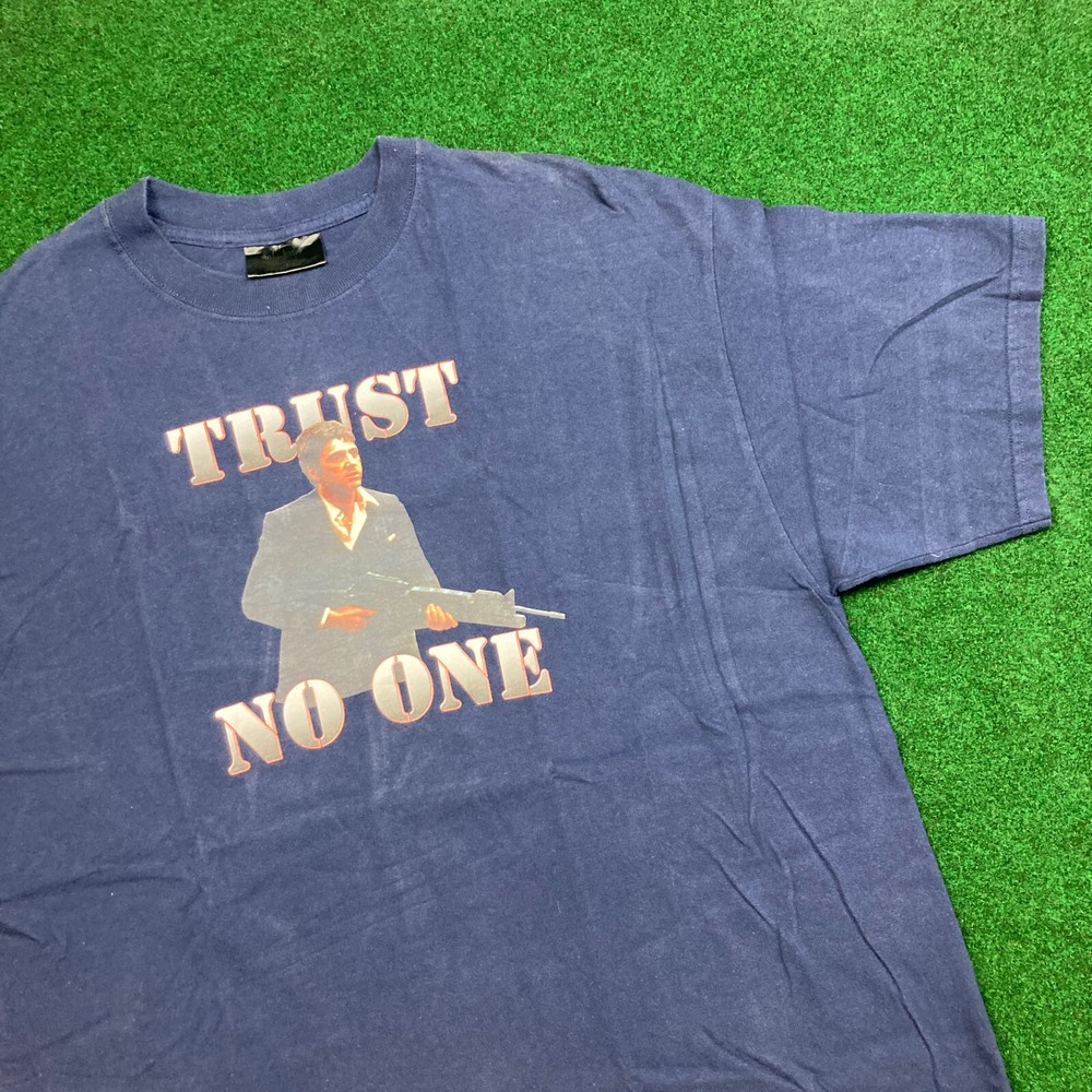 Vintage Scarface Shirt Mens L Blue Trust No One Movie Promo Graphic Tee Y2K VTG