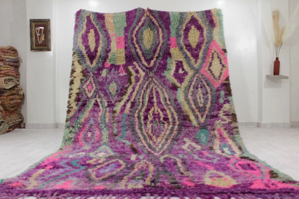Modern Moroccan Berber Wool Rug Color Purple Multi Handmade Design Carpet Rug