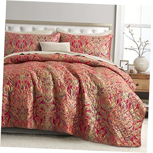 Boho Paisley Print Luxury Quilt and Shams Bedding Set Bohemian Queen Red Gold