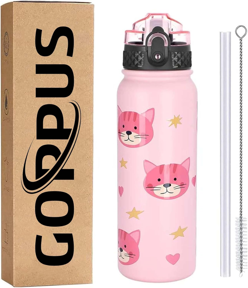 Kids Water Bottle with Straw Lid 20 Oz Cat Printing Double Walled Metal Insulate