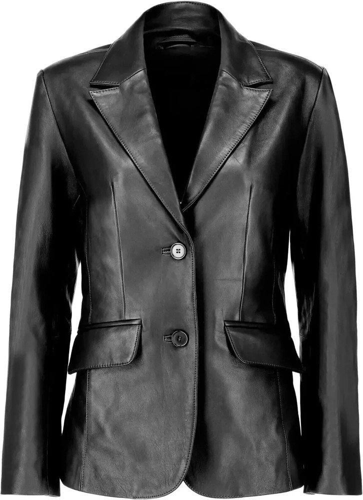 Women's Black Lambskin Leather Jacket Casual Blazer Style TwoButton Classic Coat