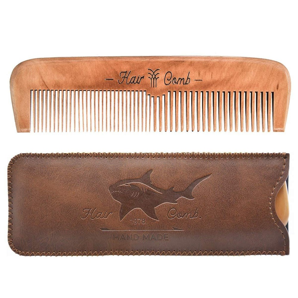 tWooden Hair Combs for Men,Men's Wood Beard Comb with Leather Travel Case,