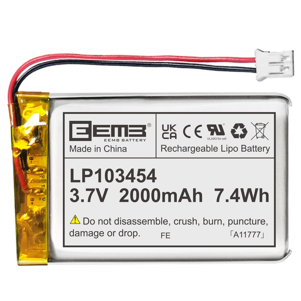 Lithium Polymer Battery 3.7V 2000mAh 103454 Lipo Rechargeable Battery Pack wi...